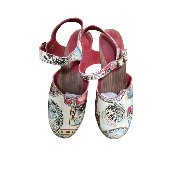 Sanita Women's 39 Mary Jean Inspired Wooden Platform Sandals Printed Straps & Re - Picture 1 of 9
